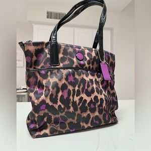 Coach signature ocelot leopard tan and violet nylon tote bag